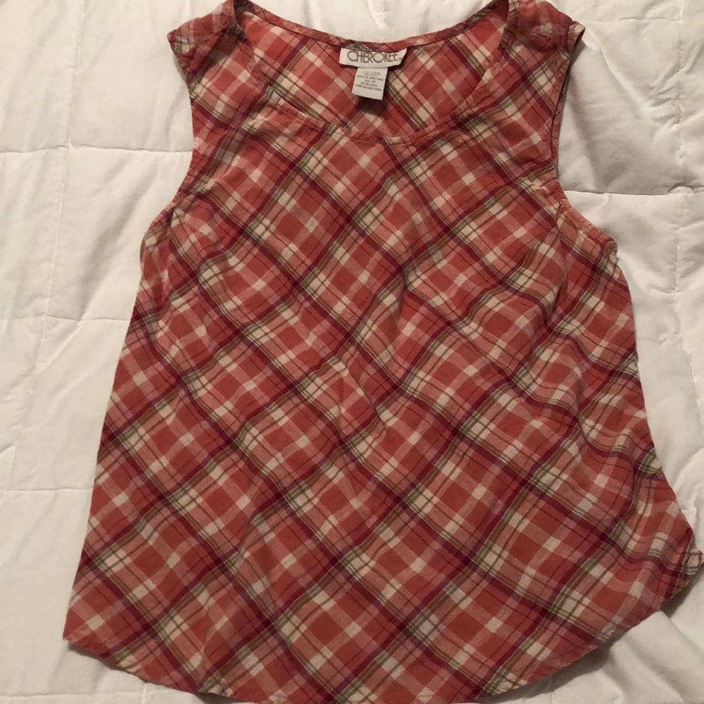 Salmon plaid linen Cherokee summer tank top.